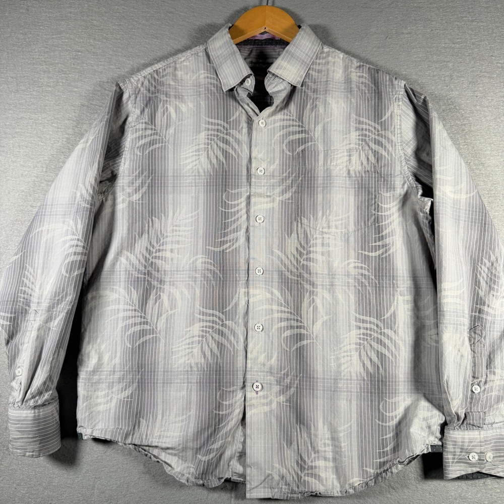 Tommy Bahama Men Grey Silk Cotton Palm Pinstripe Long Sleeve Button Down Shirt M